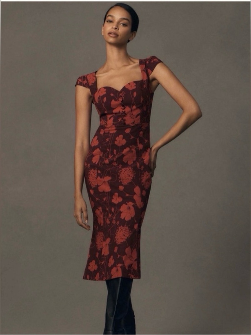 Anthropologie Burgundy Dress with Pink Floral Print
